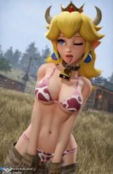 1girls 3d ai ai_generated blonde_female blonde_hair blonde_hair_female blue_earrings blue_eyes bluesky_username boots breasts cow_bell cow_bell_collar cow_horns cow_print_bra cow_print_panties crown earrings female female_focus female_only field gloves mario_(series) navel nintendo perry_cracker princess princess_peach tongue tongue_out twink twitter_link twitter_username watermark