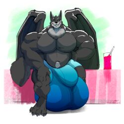 anthro bulge canine clothed clothing hybrid hyper hyper_bulge looking_at_viewer male male_only mammal musclegut muscular muscular_male pubes siriusdog smile solo topless wings