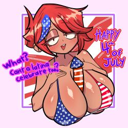 2d 2d_(artwork) 2d_artwork 4th_of_july ai_assisted ai_generated american_flag american_flag_bikini artist_self-insert artstyle_imitation big_breasts breast_focus breasts breasts_bigger_than_head brown_body brown_skin cleavage deep_cleavage female fire_works flag_bikini hands_on_breasts huge_breasts large_breasts latina latina_female lewdlimon looking_at_viewer luxie_(lewdlimon) mexican mexican_female object_between_breasts phallic_imagery phallic_looking phallic_reference red_hair short_hair stars stars_and_stripes talking_to_viewer text top_heavy valbun_style