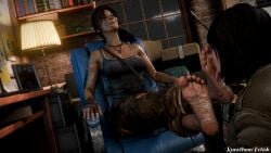 3d barefoot blender bow chair clothed clothing dirty dirty_feet female female/female foot_fetish foot_focus foot_lick foot_worship house lara_croft runethom-sfm samantha_nishimura soles tomb_raider