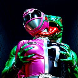 ai-generated ai_generated breast_grab breasts dekapink female grabbing grabbing_another's_breast grabbing_from_behind groping highres monster original peril ryona super_sentai tokusatsu tokusou_sentai_dekaranger tongue