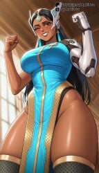 ai_generated black_hair black_thighhighs blue_dress blush breasts brown_eyes clenched_hands cyborg dark-skinned_female dark_skin dress earrings female flexing forehead_jewel from_below grin headgear indoors jewelry large_breasts long_hair looking_at_viewer mechanical_arms mykibuu one_eye_closed overwatch overwatch_2 pelvic_curtain prosthesis prosthetic_arm side_slit single_mechanical_arm skindentation smile solo symmetra teeth thick_thighs thighhighs thighs window