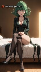 adjusting_clothes ai_generated alternate_breast_size bed bedroom black_dress black_footwear black_panties black_thighhighs breasts cleavage collarbone collared_dress crossed_legs curly_hair dress female flipped_hair full_body green_eyes green_hair high_heels indoors large_breasts legs light_particles lipstick long_sleeves looking_at_viewer makeup meitabuu on_bed one-punch_man panties panty_peek parted_lips pillow shoes short_hair side_slit sitting solo tatsumaki taut_dress thighhighs thighhighs_pull thighs underwear wooden_floor