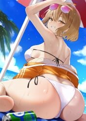 absurdres anis_(nikke) anis_(sparkling_summer)_(nikke) arm_up ass ass_focus aviator_sunglasses beach beach_umbrella bikini blue_sky blush breasts brown_eyes brown_hair can cloud cloudy_sky drink_can eyepatch_bikini eyewear_on_head female fingernails from_behind goddess_of_victory:_nikke hair_between_eyes highres huge_ass jacket jacket_partially_removed large_breasts looking_at_viewer looking_back nail_polish nigi_(ngmnoym) outdoors pink-tinted_eyewear short_hair side-tie_bikini_bottom sitting skindentation sky smile soda_can solo sunglasses swimsuit thighs tinted_eyewear umbrella under_umbrella wariza wet white_bikini yellow-framed_eyewear yellow_jacket yellow_nails