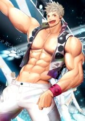 1boy 3boys abs absurd_res arms_up bare_breasts bare_pectorals beefy biceps big_breasts blush_lines breasts breasts_bigger_than_head dutch_angle ear_piercing earphones earrings eight_pack gay glow_sticks grey_hair hi_res huge_breasts hunk idol laugh looking_at_viewer male male_breasts male_only mature_male meisho_hanten misspelling muscles muscular muscular_arms muscular_male navel no_visible_genitalia open_clothes oppai original original_character outdoors pecs pierced_ears piercing red_eyes revealing_clothes short_hair six_pack spiky_hair stage stage_lights standing sweat sweatdrop sweating sweaty thick_neck triceps very_high_resolution vest wristband yaoi