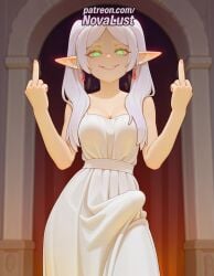 1futa 2025 ai_generated artist_name breasts bulge bust chest cleavage cock curtains dick dress earrings elf erection finger_gun frieren futanari green_eyes hi_res high_quality high_resolution highres index_finger_raised intersex jewelry middle_finger novalust patreon patreon_username penis pointing pointing_at_self pointing_at_viewer pointing_up pointy_ears smile solo sousou_no_frieren stable_diffusion watermark white_dress white_hair