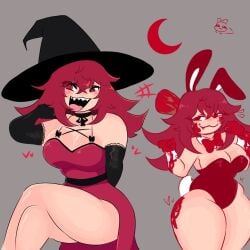 1girls armwear bat big_breasts blood_on_face blood_on_hand blood_stain bunny_ears bunny_girl bunnysuit female female_focus female_only i_want_her_thighs_inbetween_my_head light-skinned_female light_skin long_hair long_hair_female oc original original_character red_eyes red_eyes_female red_hair red_hair_female shark_teeth sharp_teeth skull_crushing_thighs solo solo_female solo_focus thick_thighs witch witch_hat zamzipperart