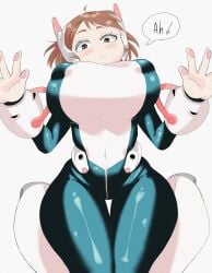 1girls 2d 2d_(artwork) :o ahoge big_ass big_breasts big_nipples big_thighs brown_eyes brown_hair colored digital_drawing_(artwork) female female_only floating headgear heroine laag my_hero_academia nipple_bulge nipples ochako_uraraka ochako_uraraka_(hero_outfit) on_knees shiny_clothes skin_tight solo solo_female speech_bubble thigh_gap tight_clothing white_background wide_hips