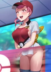 1boy 1girls censored counter female free_use hat male nurse_joy nurse_joy_(paldea) pants_down partially_exposed_nipples pawmot pink_eyes pink_hair pokemon pokemon_sv pokephilia sex sex_from_behind shoichi_(artist) sideboob