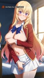 ai_generated areola_slip blazer blonde_hair blue_bow blue_bowtie blush bow bowtie breasts classroom_of_the_elite cleavage closed_mouth collarbone collared_shirt covering_breasts covering_privates cowboy_shot dress_shirt female ichinose ichinose_honami_(cote) indoors jacket large_breasts long_hair long_sleeves looking_at_viewer meitabuu miniskirt multicolored_hair navel no_bra open_clothes open_jacket open_shirt pink_hair pleated_skirt purple_eyes red_jacket school_uniform shirt skirt smile solo solo_focus standing stomach sunlight sweat thighs unbuttoned very_long_hair white_shirt white_skirt window
