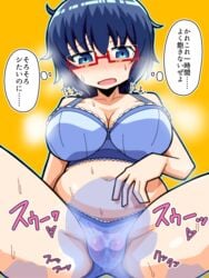 1boy black_hair blue_bra blue_eyes blue_panties blush bra breasts cunnilingus cunnilingus_through_clothes female girls_und_panzer glasses large_breasts navel open_mouth oryou_(girls_und_panzer) panties saitou_kakkou spread_legs sweat translation_request underwear wet_panties