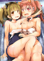 2girls :d animal_ears bangs bare_arms bare_shoulders blue_swimsuit blush bottomless breasts brown_eyes brown_hair cat_ears collarbone commentary_request eyebrows_visible_through_hair fake_animal_ears fujisaka_lyric hair_between_eyes hair_ornament hairclip heart long_hair multiple_girls nipples open_mouth original sidelocks small_breasts smile swimsuit swimsuit_pull twintails v