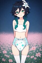 1boy ai_generated black_hair crop_top diaper diaper_fetish exhibitionism femboy field genshin_impact gradient_hair green_eyes green_hair male night outdoors smiling solo thigh_highs venti_(genshin_impact) wide_hips