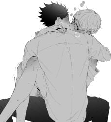2boys ^^^ anal_fluid blush bottomless breath closed_eyes feet_out_of_frame fingernails glasses haikyuu!! hand_on_another's_shoulder implied_fingering kissing kuroo_tetsurou long_sleeves male male_focus multiple_boys pants shirt shirt_partially_removed short_hair short_sideburns shoulder_blush simple_background sitting sitting_on_lap sitting_on_person speech_bubble sweat trembling tsukishima_kei white_background yaoi ynk_vv