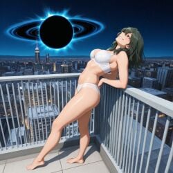 ai_generated anime ass ass balcony big_ass big_breasts black_eyes black_hole boku_no_hero_academia breasts city cityscape curvy_figure green_hair isogil my_hero_academia night night_sky setsuna_tokage sharp_teeth skyscraper starry_sky tokage_setsuna underwear white_bra white_panties white_underwear