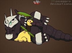 aggron anthro anthro_male bayleef feral interspecies male monster monster_male necronomic_con nintendo oral phosaggro pixel_art pokemon pokemon_(species) scalie scalie_male unrealistic_proportions