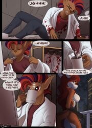 absurd_res after_transformation anthro ass blood bodily_fluids breasts canid canine clothing coat comic conrie drinking english_text female fox hi_res human lab_coat mammal text topwear