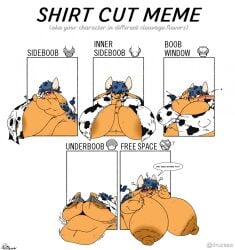 1boy angry anthro areolae belly blue_hair breasts cyrus_(xanderdwulfe) english_text fat freckles freckles_on_face furry horns hyper hyper_breasts hyper_moobs large_breasts large_moobs male male_focus male_only meme moobs nipple_bulge nipples nude nude_male overweight overweight_male ox shirt_cut_meme stomach text upset xanderdwulfe year_of_the_ox