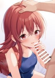1boy ahoge bag bar_censor blue_one-piece_swimsuit breasts censored clothed_male_nude_female collarbone covered_navel crossed_bangs erection female frozenpile hand_on_another's_head handjob highres idolmaster idolmaster_shiny_colors komiya_kaho long_hair male_pubic_hair nude one-piece_swimsuit parted_lips penis pubic_hair red_eyes red_hair sidelocks small_breasts swimsuit