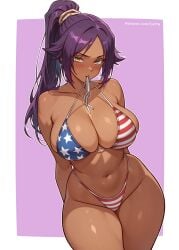 1girls alternate_version_available american_flag_bikini big_breasts bikini bikini_bottom bikini_top bleach blush bottomwear breasts cetta_(cettadvd) cleavage female female_only hair hips huge_breasts ponytail purple_hair shihouin_yoruichi solo solo_female swimwear thick_thighs thighs tied_hair topwear wide_hips yellow_eyes