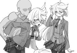 1boy annoyed bald bald_male between_legs blush cheating_(relationship) cheating_wife clothed_female_nude_male clothes_lift dress_shirt faceless faceless_male female grabbing_another's_breast grabbing_from_behind greyscale groping groping_breast gundam gundam_suisei_no_majo hair_between_eyes hand_between_legs hand_in_own_hair hand_on_another's_arm highres implied_sex jacket long_hair male miorine_rembran monochrome multiple_views necktie nude nukosann open_mouth paid_reward_available pantyhose plaid_clothes plaid_skirt shirt simple_background skirt skirt_lift straight suit_jacket sweat white_background