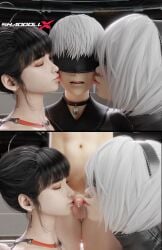 1boy 2girls 2koma before_and_after cum cumming ejaculation eve_(stellar_blade) femdom kissing kissing_penis lips lipstick_on_penis nier:_automata ponytail shaddoll_x small_penis small_penis_adoration stellar_blade white_hair yorha_2b yorha_9s