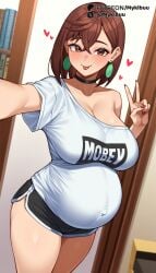 :p ai_generated ayase_momo big_belly black_choker black_shorts blush book bookshelf breasts brown_eyes brown_hair choker cleavage clothes_writing collarbone crossed_bangs dandadan dolphin_shorts doorway earrings female hair_between_eyes heart indoors jewelry large_breasts looking_at_viewer medium_hair mykibuu nail_polish off_shoulder pregnant reaching reaching_towards_viewer red_nails selfie shirt short_hair short_shorts short_sleeves shorts single_bare_shoulder smile solo standing thighs tongue tongue_out v white_shirt