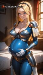 ai_generated armor bed bedroom big_belly black_hairband blonde_hair blue_bodysuit blue_eyes blush bodysuit breastplate breasts cleavage closed_mouth collarbone covered_navel covered_nipples cowboy_shot curtains faulds female gloves hairband hand_on_own_stomach hands_on_own_stomach indoors large_breasts league_of_legends league_of_legends:_wild_rift light_particles long_hair looking_at_viewer lux lux_(league_of_legends) lux_legue_of_legends luxanna_crownguard meitabuu pillow pregnant riot_games shiny_clothes shoulder_armor skin_tight smile solo standing sunlight vambraces white_gloves window
