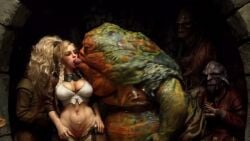 ai_generated blonde_female blonde_hair crossover gemma_(monster_hunter_wilds) interspecies jabba_the_hutt jabbaman58 monster_hunter star_wars tongue_kiss tongue_out
