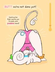 absurd_res anthro ass ass_grab breasts brown_eyes butt_grab camel_toe canid canine canis clothing dialogue domestic_dog exercise_clothing female fur hand_on_ass hand_on_butt hi_res humor kaboozey leotard mammal meter nipple_outline open_mouth open_smile pink_clothing pink_leotard poodle poofy_hair pooh_(kaboozey) pun smile solo speech_bubble tail talking_to_viewer text translucent translucent_clothing white_body white_fur