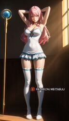 ai_generated armpits arms_behind_head arms_up bare_arms bare_shoulders blue_eyes boots breasts cleavage closed_mouth collarbone covered_navel dress female flare_arlgrande_jioral full_body green_eyes hair_between_eyes indoors jewelry kaifuku_jutsushi_no_yarinaoshi large_breasts light_rays lips long_hair looking_at_viewer meitabuu microdress necklace pink_hair redo_of_healer short_dress smile solo staff standing strapless strapless_dress sunlight thigh_boots thighhighs thighs white_dress white_footwear white_thighhighs window window_shade zettai_ryouiki