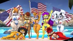 3d 3d_(artwork) 4th_of_july anthro areola areola_slip areolae areolae_slip bikini bunnie_rabbot chipmunk feline female fiona_fox fox group honey_the_cat huge_breasts lanolin_the_sheep mina_mongoose mongoose rabbit sally_acorn sheep sonic_(series) theashsfm vanilla_the_rabbit