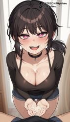 1boy after_fellatio ai_generated ashley_graves black_choker black_hair black_shirt blue_shorts blurry blurry_background blush bra_strap breasts bright_pupils brother_and_sister bulge choker cleavage collarbone cum cum_on_hands cupping_hands denim denim_shorts erection facial female indoors large_breasts long_sleeves looking_at_viewer mole mole_on_breast mykibuu open_mouth own_hands_together pink_eyes ponytail pov shirt short_shorts shorts siblings smile solo_focus straight sweat teeth the_coffin_of_andy_and_leyley thigh_gap thighs upper_teeth_only