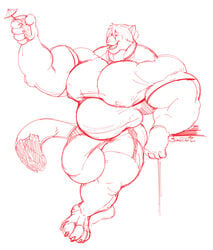 anthro beverage big_bulge bulge clothed clothing feline male male_only mammal monochrome musclegut muscular muscular_male nipple_bulge open_mouth siriusdog sketch smile solo tight_clothing