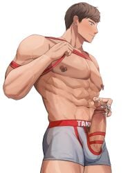 1boy bara big_penis cum cum_on_hand gay harness male muscular muscular_male nipple_piercing penis_piercing pierced_nipples prince_albert_piercing takbam underwear veiny_penis yaoi