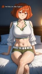 ai_generated arm_support bare_shoulders bed belt belt_buckle breasts buckle cleavage cleavage_cutout closed_mouth clothing_cutout collarbone crop_top cropped_shirt crossed_legs dolphin_shortskanne_(sousou_no_frieren) feet_out_of_frame female frieren_beyond_journey's_end frilled_sleeves green_shorts indoors lamp large_breasts long_sleeves looking_at_viewer meitabuu midriff navel on_bed orange_eyes orange_hair pillow shirt short_hair short_shorts shorts shoulder_cutout sitting smile solo sousou_no_frieren stomach thighs twintails two_side_up white_belt white_shirt