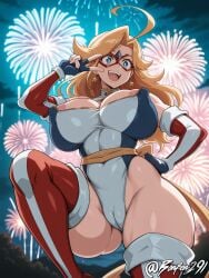 4th_of_july ahoge ai_generated areolae_slip big_breasts blonde_hair blue_eyes bonfen291 cameltoe charlotte_vanders covered_nipples domino_mask elbow_gloves female fingerless_gloves fireworks flying hand_on_hip huge_nipples kamen_america kamen_america_(character) kamen_america_(series) knee_up leotard long_hair midair open_mouth red_domino_mask self_upload sky sleeveless sleeveless_leotard smile solo star_earrings superhero_costume superheroine thick_thighs thigh_boots v_over_eye white_leotard yellow_sash