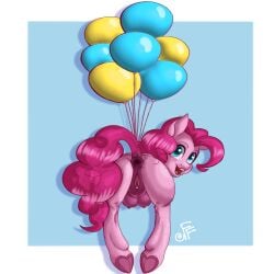 anus ass ass_focus balloon blue_eyes clitoris crotchboobs curly_hair equid equine excited feral fizzyfox_(artist) hasbro horse looking_at_viewer looking_back my_little_pony pink_hair pinkie_pie_(mlp) presenting presenting_hindquarters puffy_anus pussy smiling suspension vagina
