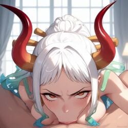 ai ai_generated blowjob breasts cleavage deep_blowjob deepthroat demon_girl eye_contact fellatio horns male/female one_piece penis_in_mouth sucking_penis tagme video white_hair yamato_(one_piece)