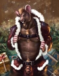 anthro beard blonde_hair body_hair brown_body brown_eyes chest_hair christmas_gift clothed clothing costume facial_hair front_view genitals hair hi_res looking_at_viewer male male_anthro mammal murid murine musclegut muscular muscular_anthro muscular_male narrowed_eyes navel nipple_piercing nipple_ring nipples notched_ear open_clothing open_mouth open_topwear pecs penis piercing pink_ears pink_penis portrait pubes rat red_tongue ring_piercing rodent santa_costume satanic_monkey short_hair solo teeth three-quarter_portrait tongue topwear vein veiny_penis