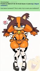 ai_generated angry bikini cow_girl disappointed hands_on_hips high_heels huge_breasts standing sticks_the_badger thick_thighs