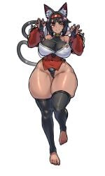 2_tails absurdres alternate_breast_size animal_ear_fluff animal_ears barcode barcode_tattoo bare_shoulders bell black_gloves black_hair black_tail black_thighhighs breasts bridal_gauntlets cable cable_tail cat_ears cat_girl cat_tail corset covered_navel dark-skinned_female dark_skin detached_sleeves facial_mark female forehead_mark forehead_tattoo full_body gloves grin hair_ribbon hairband highres large_breasts long_hair long_sleeves looking_at_viewer mechanical_tail mold001 multi_tail neck_bell nekomiya_mana red_corset red_eyes red_hairband red_ribbon red_sleeves ribbon simple_background skindentation smile solo standing standing_on_one_leg tail tattoo thick_thighs thighhighs thighs toeless_legwear white_background zenless_zone_zero