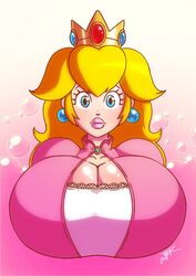 1girls big_breasts blonde_hair blue_eyes breasts bust cleavage clothing crown dress female female_only huge_breasts large_butt lips long_hair looking_at_viewer mario_(series) nintendo pink_background pink_dress princess_peach simple_background solo teer teerstrash top_heavy