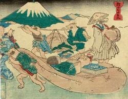 1844 19th_century ancient_art anthro asian_clothing bag balls big_balls canid canine clothing container east_asian_clothing genitals group hat headgear headwear huge_balls hyper hyper_balls hyper_genitalia japanese_clothing japanese_text low_res male mammal paper raccoon_dog tanuki text utagawa_kuniyoshi