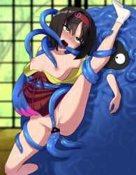 1boy 1girls black_hair censored erika_(pokemon) female fucked_silly functionally_nude green_eyes headband leg_up male one_leg_up pokemon pokemon_rgby pokephilia restrained shoichi_(artist) tangrowth tentacle tentacle_sex vines