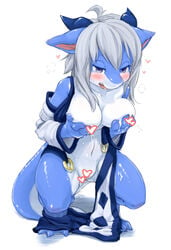 <3_censor anthro aquatic_dragon areola blue_eyes blush breast_grab breasts breath censored clothing crouching dragon dripping female hair hand_on_breast holding_breast kame_3 kemono lactating looking_at_viewer milk non-mammal_breasts open_mouth pussy_juice scalie simple_background solo white_background white_hair