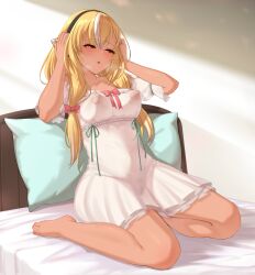 absurdres barefoot bed black_hairband blonde_hair bow breasts censored closed_mouth collarbone commentary_request commission crossed_bangs dark-skinned_female dark_skin day dress dress_bow dress_ribbon english_commentary female female_pubic_hair fingernails full_body green_ribbons hair_over_shoulder hairband hairbow half-closed_eyes hands_on_own_head highres hololive hui_yu indoors large_breasts linea_alba long_hair low_twintails mixed-language_commentary mosaic_censoring multicolored_hair nail_polish navel nipples no_bra no_panties off-shoulder_dress off_shoulder on_bed orange_eyes orange_nails pillow pink_bow pixiv_commission pubic_hair pussy ribbon see-through_clothes see-through_dress shadow shiranui_flare short_sleeves sitting solo steam streaked_hair sunlight sweat toenail_polish toenails toes twintails variant_set virtual_youtuber wariza white_dress white_hair wispy_bangs