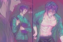 2boys alternate_costume big_pecs blush gintama glasses katsura_kotarou male male_only muscular muscular_male nerd open_shirt pecs purple_hair restricted_palette s_stberry school_uniform solo_focus spiral_glasses sweat takasugi_shinsuke unbuckled_belt undressing