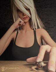 2girls 3d bradengts breasts clothing female female_only giantess hairband light-skinned_female light_skin long_hair macro micro nier nier:_automata shrunk shrunken_female size_difference white_hair yorha_2b yorha_a2