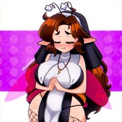 1girls breasts brown_hair closed_eyes female fishnet_legwear large_breasts nun nun_outfit pointy_ears simple_background solo source_request susiehatter thighs wings